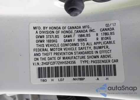 2017 Honda Civic Ex from USA, damaged, VIN 2HGFC2F72HH524356